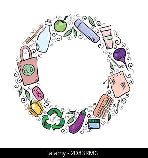 Cadre rond avec objets Zero Waste dessinés à la main. L'objet est séparé de l'arrière-plan. Modèle vectoriel pour bannières, invitations et votre dessin. Illustration de Vecteur