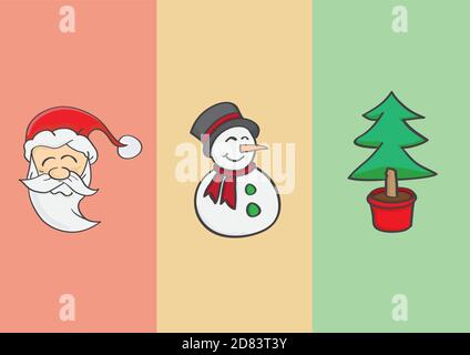 Illustration vectorielle des symboles de Noël - sourire au père noël, bonhomme de neige heureux et sapin de noël dans un pot Illustration de Vecteur