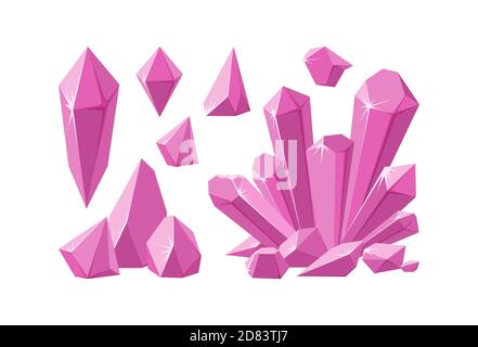 Cristaux et pierres précieuses roses. Ensemble de stalagmite rose et de cristaux écrasés. Gemmes améthystes de formes diverses. Illustration vectorielle de style dessin animé Illustration de Vecteur