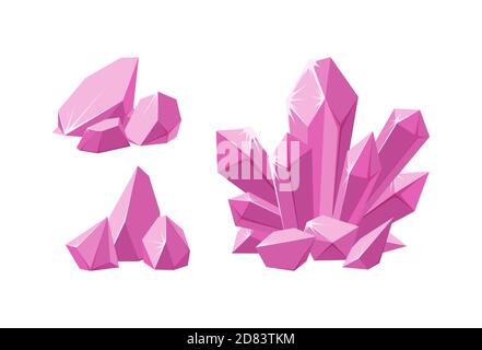 Cristaux et morceaux de roche prescious rose. Ensemble de stalagmite rose et de cristaux cassés. Gemmes améthystes de formes diverses. Illustration vectorielle dans Illustration de Vecteur