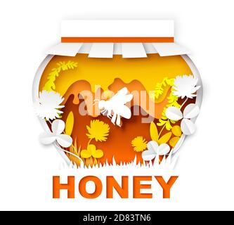Pot de miel en trèfle de style artisanal coupé en papier. Illustration vectorielle. Apiculture, logo de produit de miel. Illustration de Vecteur