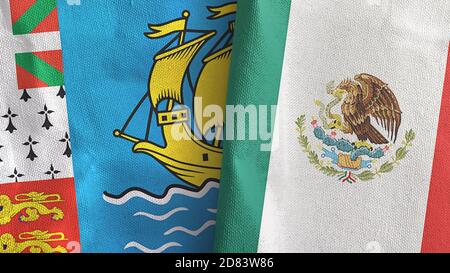 Mexique et Saint-Pierre-et-Miquelon deux drapeaux tissu textile Rendu 3D Banque D'Images
