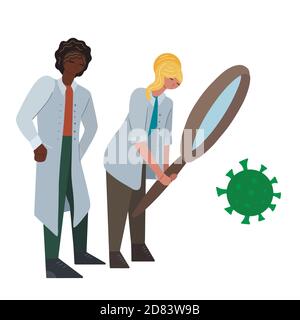 Illustration plate d'un couple de médecins internationaux étudiant la molécule de coronavirus à travers la loupe. Les scientifiques étudient le virus. Illustration de Vecteur