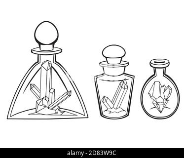 Jeu de plusieurs bouteilles en verre magique et flacons avec pierres précieuses à l'intérieur. Contour objet enchanteur pour cartes postales, bannières et votre créativité. Illustration de Vecteur