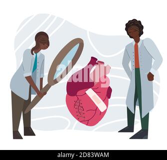 Illustration plate d'un couple de médecins africains examinant un coeur malade à travers une loupe. Les scientifiques étudient les maladies cardiaques. Entrée de médicament Illustration de Vecteur