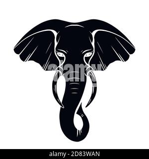Silhouette noire de tête d'éléphant avec tronc et défenses. Mammifère sauvage. Dessin vectoriel pour colorier des pages, des logos, des icônes et votre créativité. Illustration de Vecteur