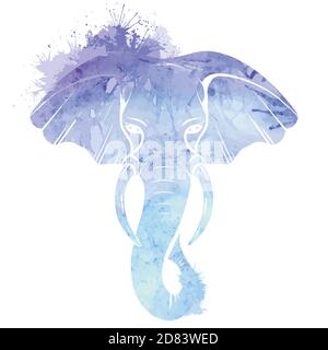 Silhouette bleu aquarelle de tête d'éléphant avec tronc, défenses et éclaboussures. Mammifère sauvage. Dessin vectoriel pour carte, logos, icônes et votre créativité. Illustration de Vecteur