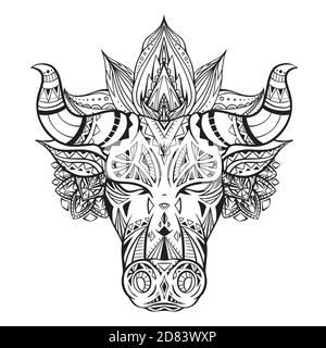 Illustration d'une tête de taureau avec décoration de boho et mandala. Le symbole de la nouvelle année 2021. Tracez le contour du bison indigène avec des cornes. Vecteur illus Illustration de Vecteur
