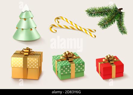 Cadeaux de Noël dorés et rouges avec caramel de Noël, arbre de Noël et branches. ensemble d'icônes de vecteur 3d réaliste Illustration de Vecteur
