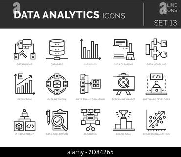 Ensemble d'icônes d'analyse des données vectorielles. Les icônes sont en conception plate / ligne avec des éléments pour les concepts mobiles et les applications Web. Collection d'infographies modernes l Illustration de Vecteur