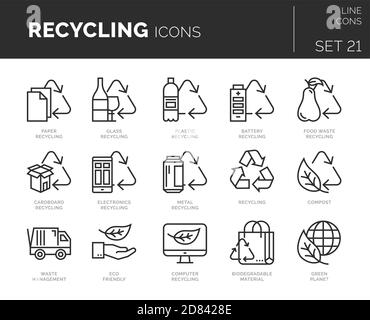 Ensemble d'icônes de recyclage vectoriel. Les icônes sont en conception plate / ligne avec des éléments pour les concepts mobiles et les applications Web. Collection de logos infographiques modernes Illustration de Vecteur