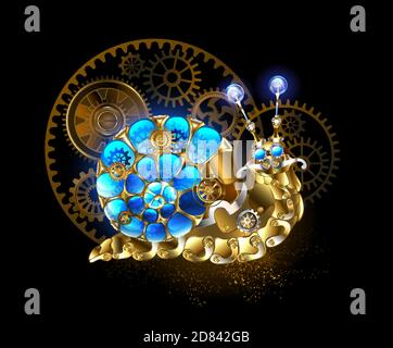 Escargot mécanique en laiton, pièces métalliques avec coquille lumineuse, bleue, en spirale, ornée de pignons sur fond marron. Style steampunk. Illustration de Vecteur