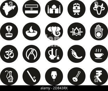 India Country & Culture Icons White on Black Flat Design Ensemble de cercles grand Illustration de Vecteur