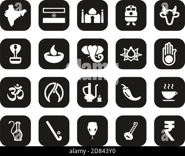 India Country & Culture Icons White on Black Flat Design Définir grand Illustration de Vecteur