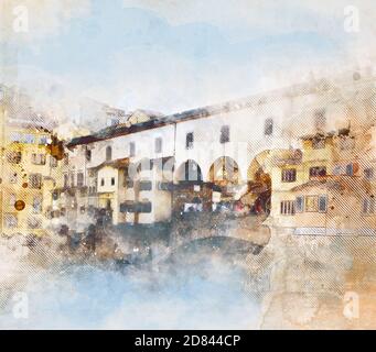 Croquis aquarelle du Ponte Vecchio à Florence Banque D'Images