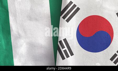 Corée du Sud et Nigeria deux drapeaux textile tissu rendu 3D Banque D'Images
