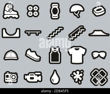 Autocollant « Inline Extreme Sport & Equipment Icons » blanc sur noir Définir grand Illustration de Vecteur