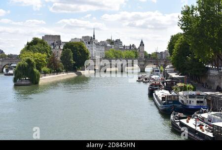 Vue sur la Seine, le Pont neuf, l'Ile de la Cité et la place du Vert-Galant depuis le Pont des Arts Paris, France. 17 août 2018. Banque D'Images