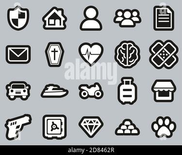 Polices d'assurance icônes blanc sur noir ensemble autocollant grand Illustration de Vecteur