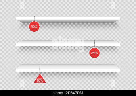 Etagères d'atelier. Étagères de présentation au détail isolées. Étagère 3d de supermarché avec wobblers. Stand promotionnel et vente ou rabais vecteur de maquettes vierges. Illustration de Vecteur
