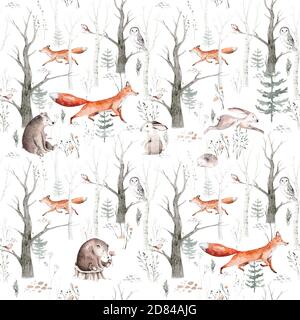 Motif aquarelle sans coutures animaux des bois. Toile de fond avec hibou, hérisson, renard et papillon, lapin Bunny ensemble d'écureuil forestier Banque D'Images