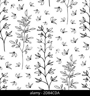 Herbe sauvage de prairie et laisse sans couture le fond de motif vectoriel. Branches de feuillage et feuilles individuelles sur fond noir et blanc. Main Illustration de Vecteur