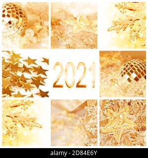 2021, décorations de noël dorées collage carré nouvel an et carte de voeux de vacances Banque D'Images