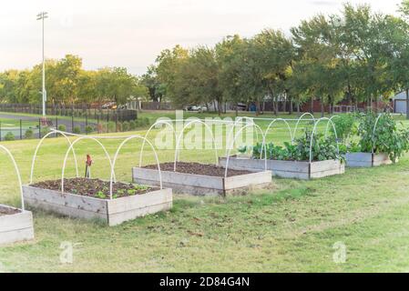 Jardin de lit surélevé avec tuyau en PVC, support de cadre froid et Pistes de course en arrière-plan à l'école primaire aux États-Unis Banque D'Images