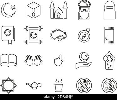 Icônes de religion et de culture islamique ligne mince noir et blanc Définir grand Illustration de Vecteur