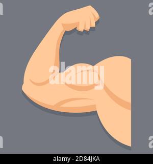 Bras fort avec biceps contractés. Muscle dans le style de dessin animé. Logo de la salle de sport. Illustration de Vecteur