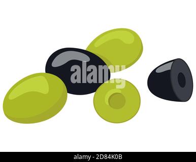 Poignée d'olives. Olives noires et vertes de style dessin animé isolées sur fond blanc. Illustration de Vecteur