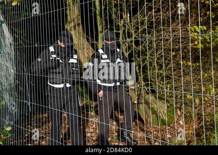 Aylesbury Vale, Buckinghamshire, Royaume-Uni. 26 octobre 2020. Les gardes de sécurité de l'AA HS2 en patrouille tandis que HS2 continuent de tomber dans les bois anciens de Grim's Ditch à Buckinghamshire ce matin. Les militants écologistes anti HS2 affirment que HS2 n'a pas de permis de chauve-souris pour l'abattage dans ces anciennes terres boisées et qu'il est donc possible de commettre un crime contre la faune. Ils ont de nouveau signalé l'affaire à la police ce matin et attendent une réponse. La construction du train à grande vitesse de Londres à Birmingham met en péril 108 anciennes terres boisées, 33 SSIS et 693 sites fauniques. Crédit : Maureen McLean/A Banque D'Images