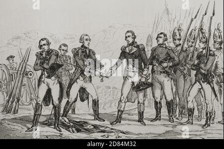 Révolution américaine. La capitulation du général britannique John Burgoyne après le Battlle de Saratoga le 17 octobre 1777. Gravure par Vernier. Panorama universel. Histoire des Etats-Unis d'Amérique, de la 1ère édition de Jean B.G. Les États-Unis d'Amérique du Roux de Rochelle en 1837. Édition espagnole, imprimée à Barcelone, 1850. Banque D'Images