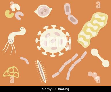 Ensemble vectoriel de micro-organismes. Différentes bactéries et germes dans un style plat. Illustration de Vecteur