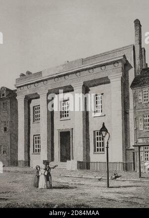 États-Unis, Pennsylvanie, Philadelphie. L'Institut Franklin. Fondée en 1824, elle était à l'origine située dans le hall de l'indépendance. Il a bientôt été déplacé du côté est de la 7e rue dans le bâtiment représenté dans cette gravure. Dans les années 1930, l'Institut a déménagé à son emplacement actuel et ce bâtiment est devenu la maison du musée Atwater Kent, actuellement le musée d'histoire de Philadelphie. Gravure par Traversier. Panorama universel. Histoire des Etats-Unis d'Amérique, de la 1ère édition de Jean B.G. Les États-Unis d'Amérique du Roux de Rochelle en 1837. Édition espagnole, imprimée à Barcelone, 1850. Banque D'Images