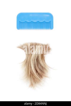 Cadenas blond et peigne en plastique bleu sur fond blanc isolé de près, coupe de cheveux blond naturel gondolé, brosse à cheveux, motif de cheveux, coupe de cheveux Banque D'Images