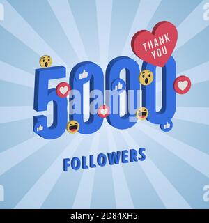 Bannière de médias sociaux avec merci pour 5000 abonnés. Carte bleue avec 3D Merci fêtez tous les abonnés ou abonnés avec un simple post. Illustration de Vecteur