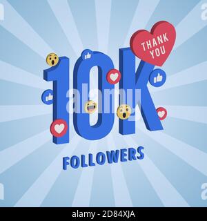 Bannière de médias sociaux avec merci pour les 10 000 abonnés. Carte bleue avec 3D Merci fêtez tous les abonnés ou abonnés avec un simple post. Illustration de Vecteur