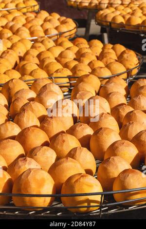 Faire le processus de soleil exposant séchage de persimmon épluché séché dans un tamis, automne préservé concept alimentaire. Banque D'Images