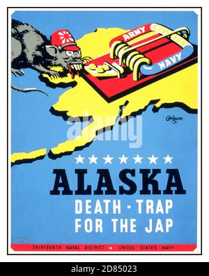 Affiche anti-propagande japonaise américaine de la Seconde Guerre mondiale « Alaska - le piège de la mort pour le Jap ». Œuvres d'Edward T. Grigware , 1889-1960 artiste WPA Art Project, [entre 1941 et 1943] (affiche) : sérigraphie, couleur. Affiche pour le treizième District naval de la marine des États-Unis, montrant un rat représentant un soldat japonais stéréotype, approchant d'un mousetrap appelé 'Army Navy civil', sur une carte d'arrière-plan de l'état de l'Alaska. Banque D'Images