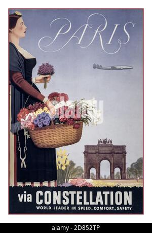 Paris Vintage Air Classic Travel Poster années 1950 « Paris via Constellation » Art de Maximus. Etats-Unis 1950-1960] (affiche) : lithographie, couleur affiche une femme vendeur de fleurs tenant un panier de fleurs; en arrière-plan est l'Arc de Triomphe et dans le ciel, un avion Constellation ' leader mondial dans la sécurité de confort de vitesse' Banque D'Images