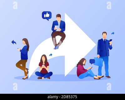 Partager l'arrière-plan avec des symboles et des personnes. Concept de marketing sur les médias sociaux. Conception plate avec dégradé. Vecteur moderne. Illustration de Vecteur