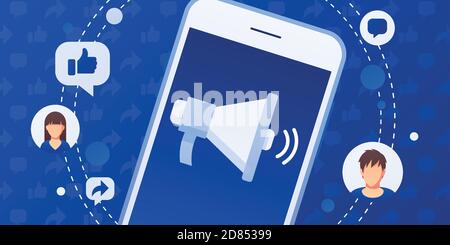 Concept de marketing sur les médias sociaux avec mégaphone. Publicité en relations publiques. Conception plate avec dégradé. Vecteur moderne. Illustration de Vecteur