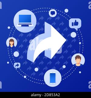 Partager l'arrière-plan avec des symboles et des personnes. Concept de marketing sur les médias sociaux. Conception plate avec dégradé. Vecteur moderne. Illustration de Vecteur