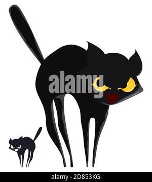 Chat noir avec posture apeurée et forme stylisée en version couleur et silhouette. Illustration de Vecteur