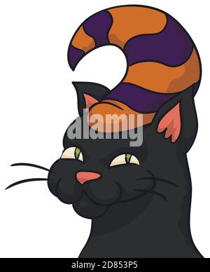 Chat noir magique portant un chapeau d'assistant dépouillé, isolé sur fond blanc. Illustration de Vecteur