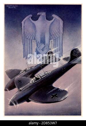Vintage années 1940 WW2 propagande nazie affiche avec Junkers Ju 87 Stuka bombardiers de plongée avec nageoires de queue de swastika, l'aigle allemand derrière embrassant une swastika, le symbole de l'armée de l'air de la Luftwaffe Allemagne nazie de la Seconde Guerre mondiale Banque D'Images