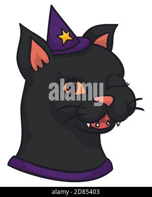 Chat noir femelle portant un petit chapeau de sorcière et se wencant à vous, isolé sur fond blanc. Illustration de Vecteur
