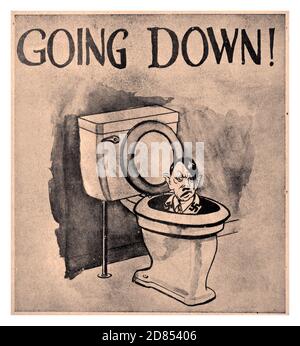 WW2 War HITLER affiche de dessin animé «Going Down» avec Adolf Hitler descendant dans une toilette portant un symbole de svastika. Affiche de propagande vintage intitulée « Going Down! », représentant un dessin en noir et blanc de la caricature d'Adolf Hitler coulant sur un siège de toilette. L'affiche a été publiée par Hobo news, un journal du début du 20e siècle pour les travailleurs migrants sans abri. Il a été publié à St. Louis, Missouri, et Cincinnati par l'International Brotherhood Association (IBWA) et son fondateur James EADS How. : USA, designer : Hobo News, année d'impression : années 1940 Banque D'Images