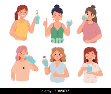 Buvez plus d'eau. Femmes personnages avec des bouteilles et des verres d'eau Banque D'Images